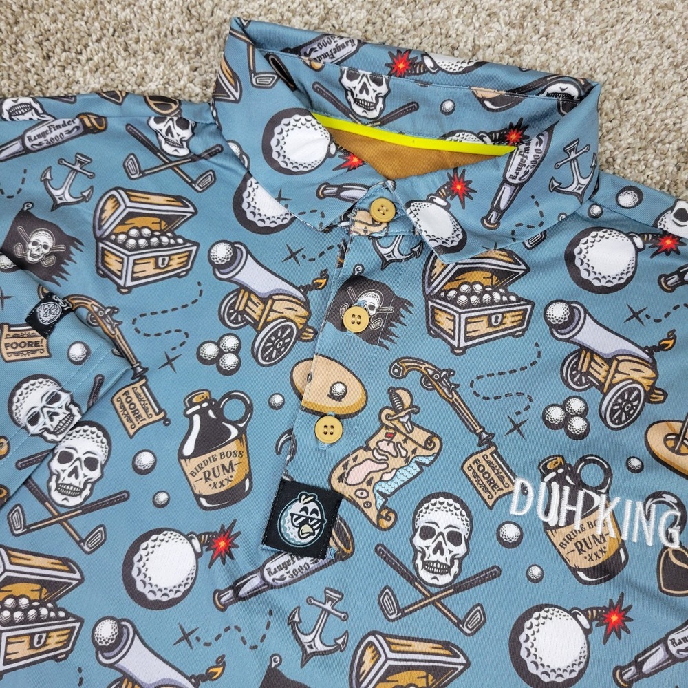 Birdie Boss Mens Large Gray AOP Pirate Treasure Performance Stretch Golf Polo
